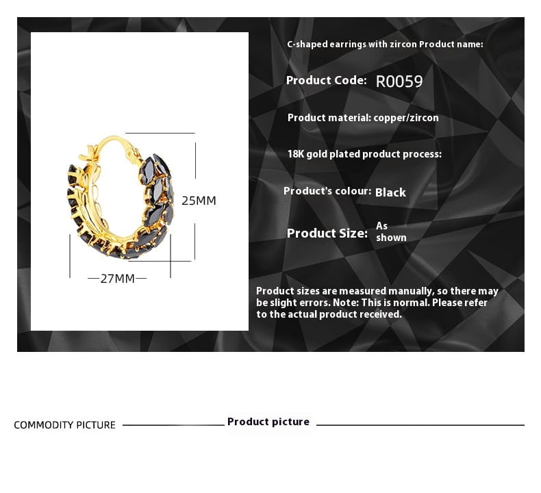 Pendientes de aro tipo C con baño de oro de 18k, adornados con piedras de zirconia negra en forma de marquise.