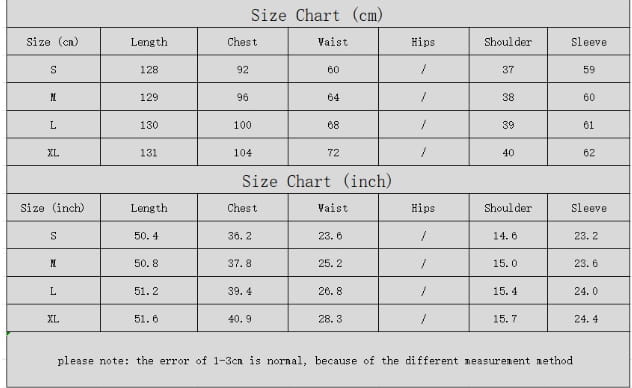Size chart for the polka dot pleated v neck long sleeve maxi dress displaying measurements in centimeters and inches for sizes s through xl.