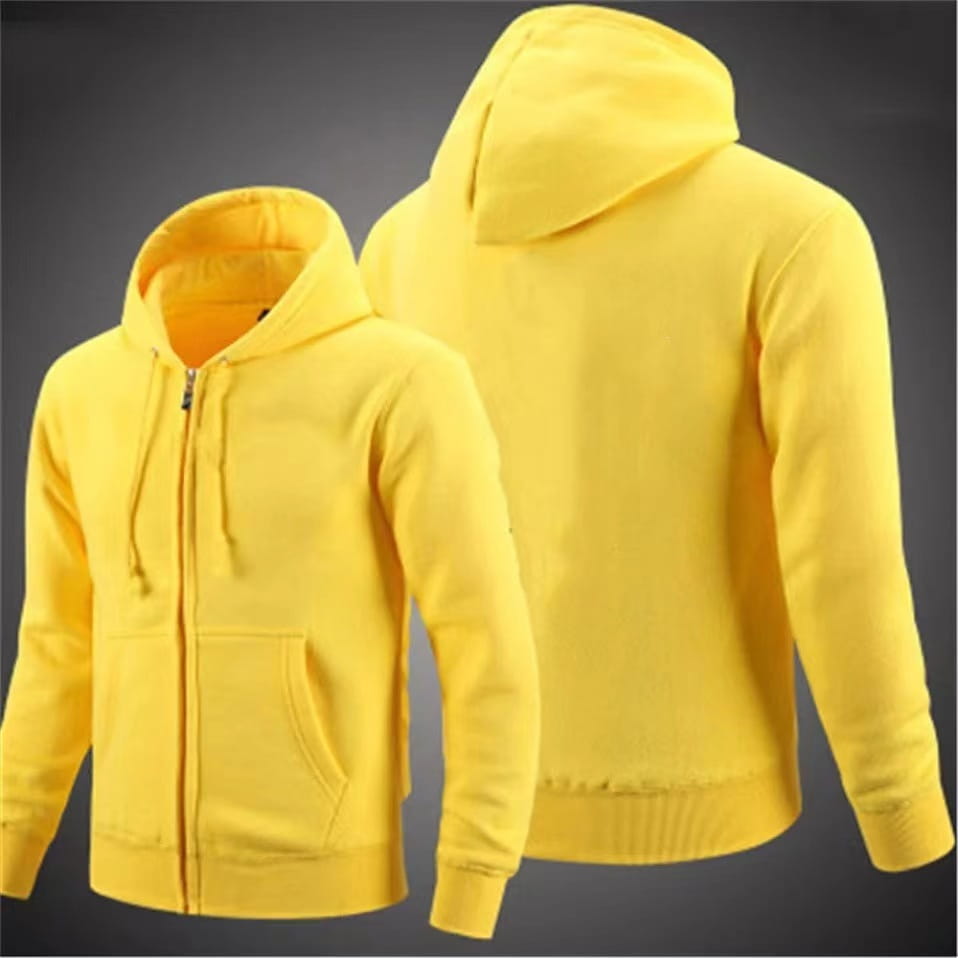 Sudadera con capucha tipo canguro con cremallera y bolsillo para el hombre, de mezcla de algodón, color amarillo intenso, con capucha al frente, bolsillos delanteros y puños y dobladillo acanalados.