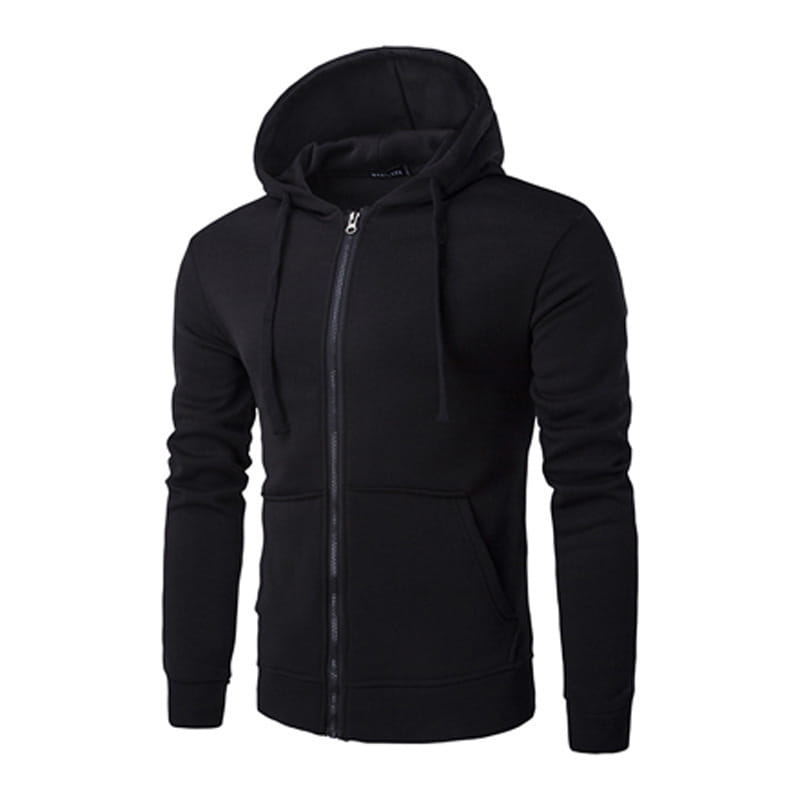 Sudadera con capucha con cremallera para el hombre, de mezcla de algodón color negro, con capucha, bolsillos delanteros tipo canguro y puños acanalados.