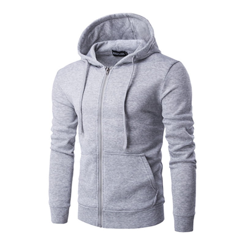 Sudadera con capucha tipo canguro con cremallera y bolsillo para el hombre, de mezcla de algodón en tela jaspeada gris, con capucha con cordón a juego y bolsillos delanteros.