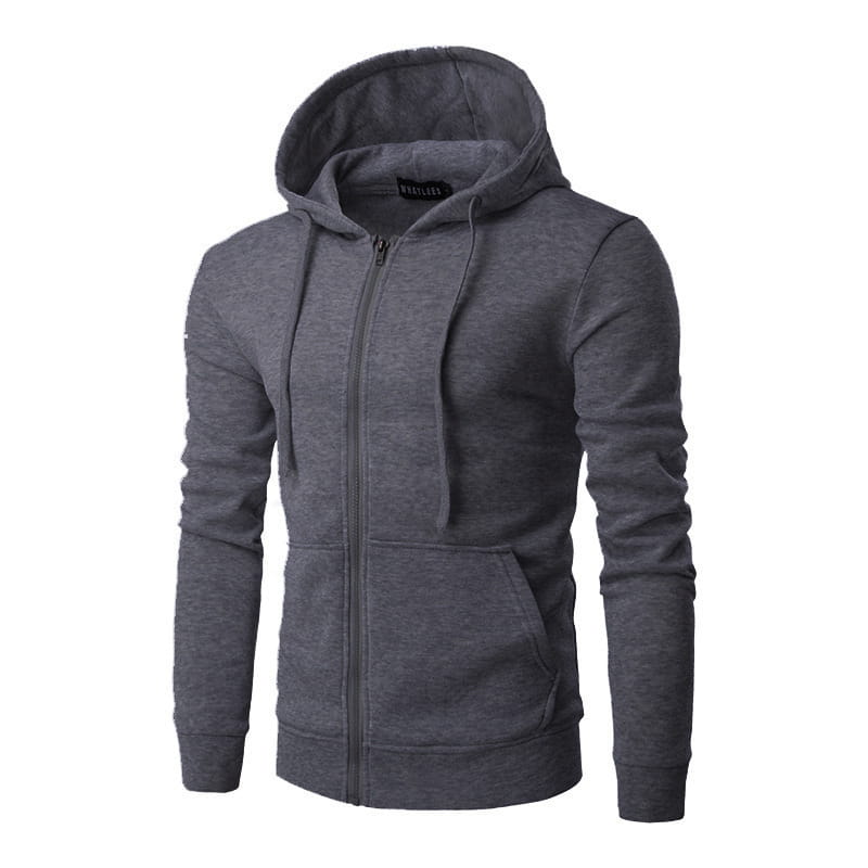 Sudadera con capucha de cierre completo para el hombre, de color gris oscuro, de mezcla de algodón, con capucha con cordón a juego y bolsillos delanteros.