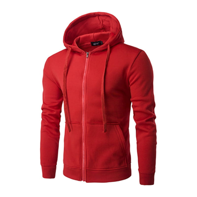 Sudadera con capucha tipo canguro con cremallera y bolsillo para el hombre, de mezcla de algodón, color rojo, con capucha a juego y cordones elaborados con material suave tipo forro polar.