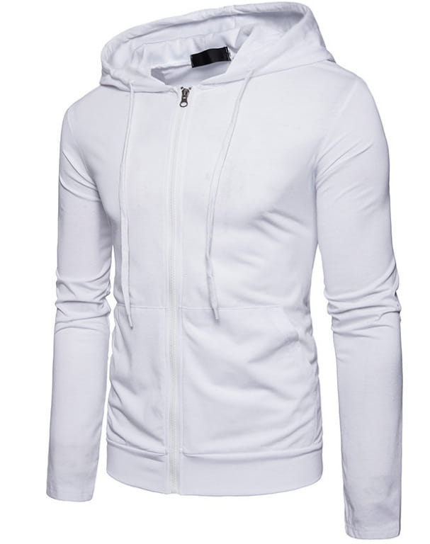 Sudadera con capucha con cremallera para el hombre, de mezcla de algodón color blanco, con capucha, cierre delantero con cremallera y cordones, con bolsillos delanteros prácticos.