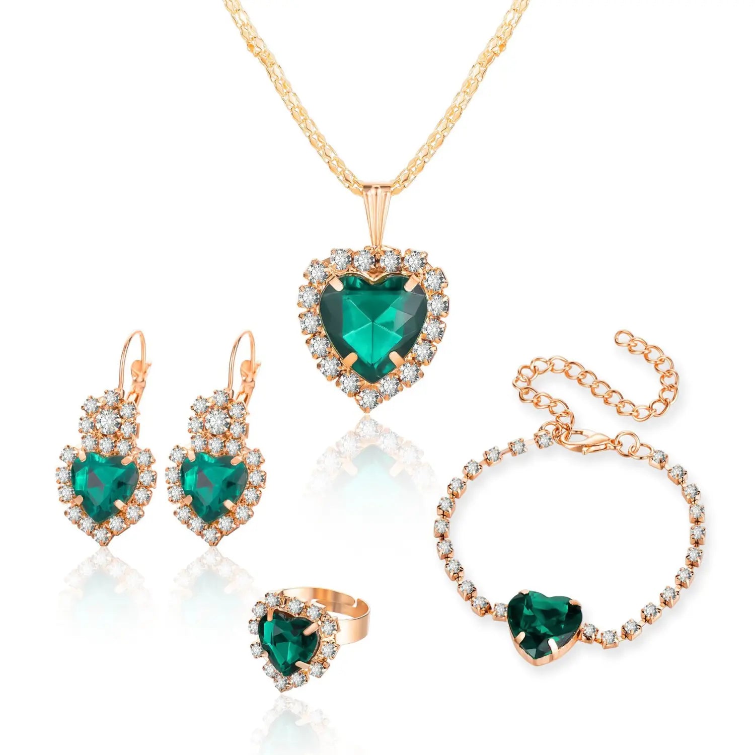 emerald green heart-shaped pendant necklace with rose gold chain and diamond accents from a 4 piece heart rhinestone jewelry set with matching crystals