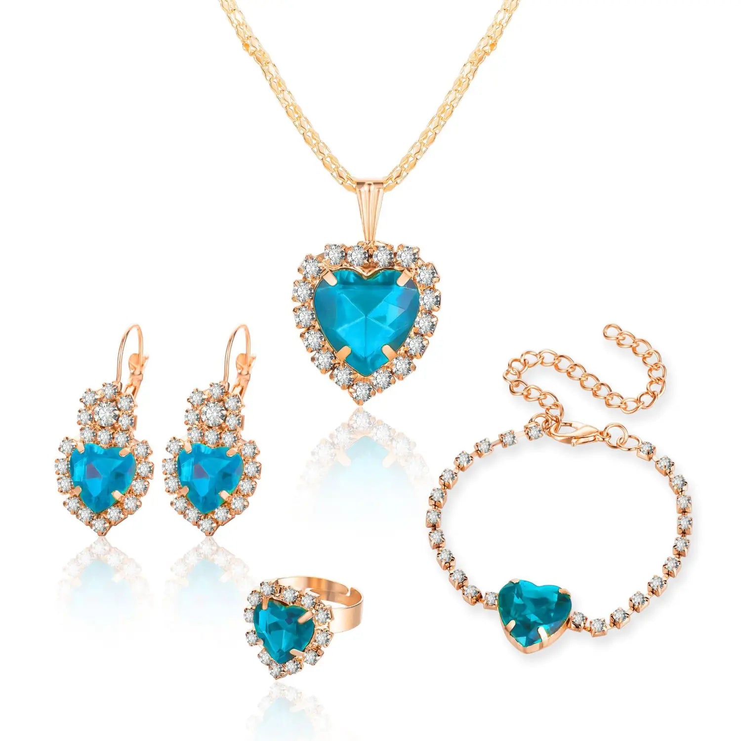 A 4 piece heart rhinestone jewelry set featuring elegant rose gold heart-shaped designs with vibrant turquoise gemstones and sparkling clear crystals.