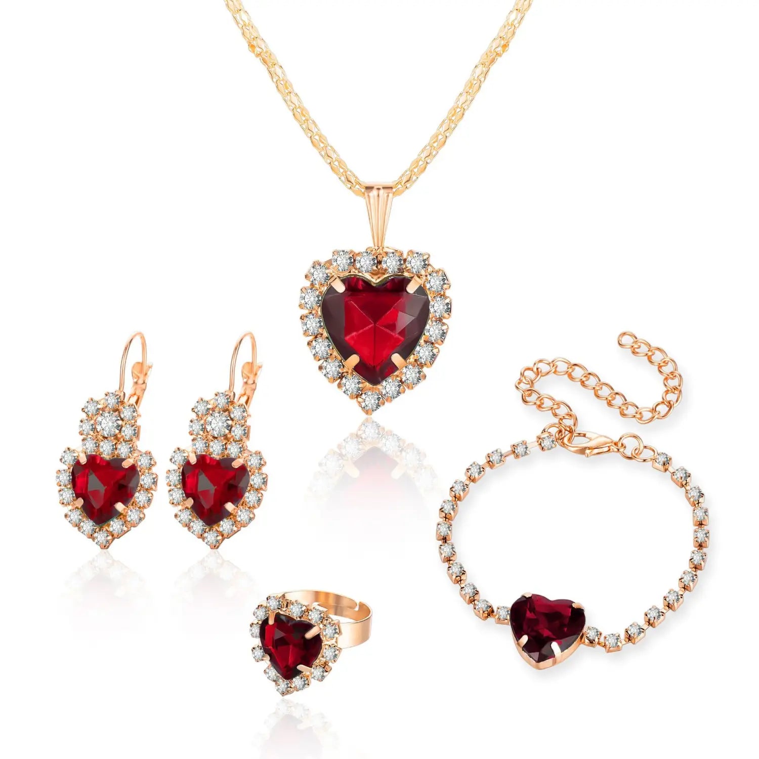 rose gold heart-shaped rhinestone jewelry set with matching crystals featuring four elegant pieces for formal occasions