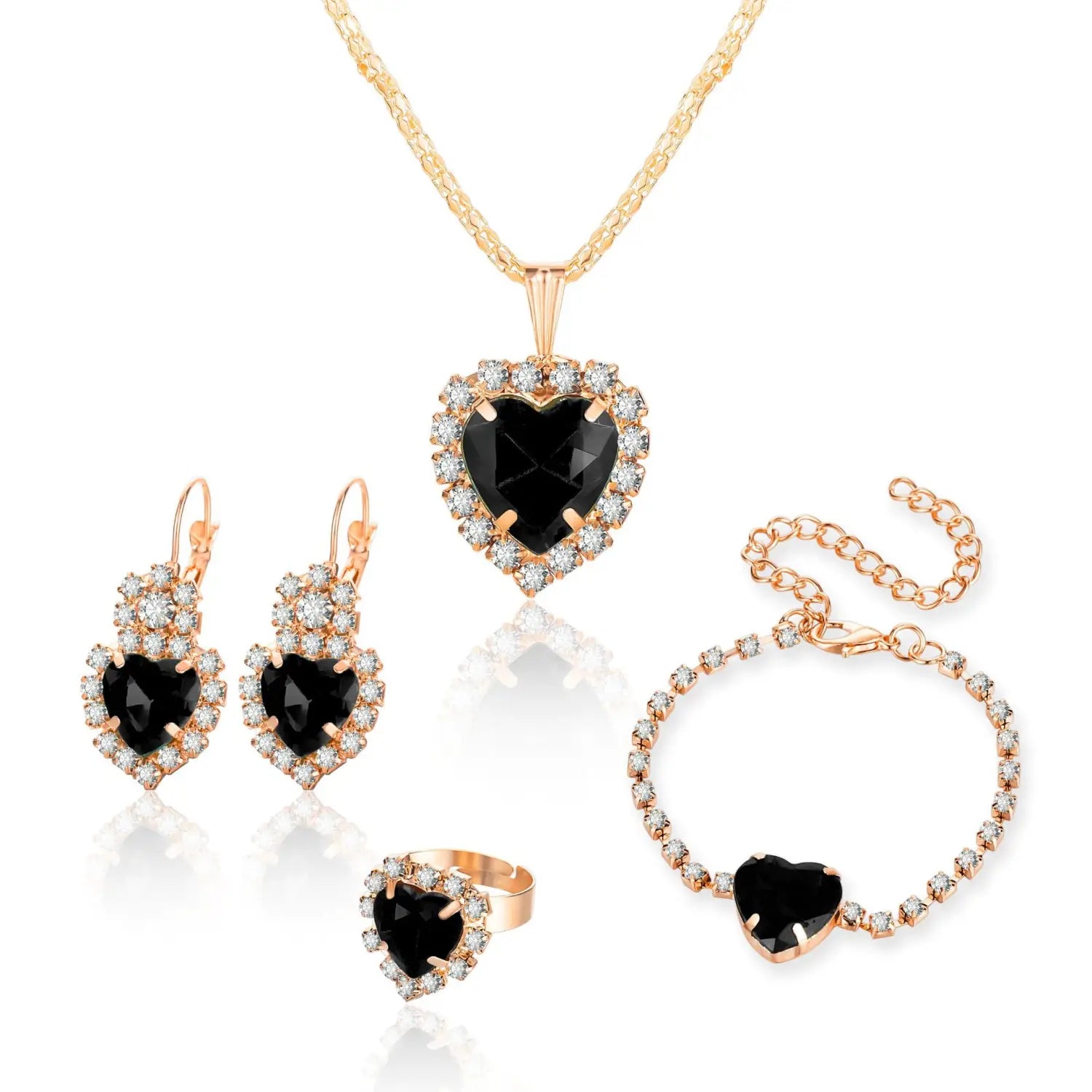 Rose gold heart-shaped black gemstone rhinestone four-piece jewelry set with matching crystals displayed on a white background.