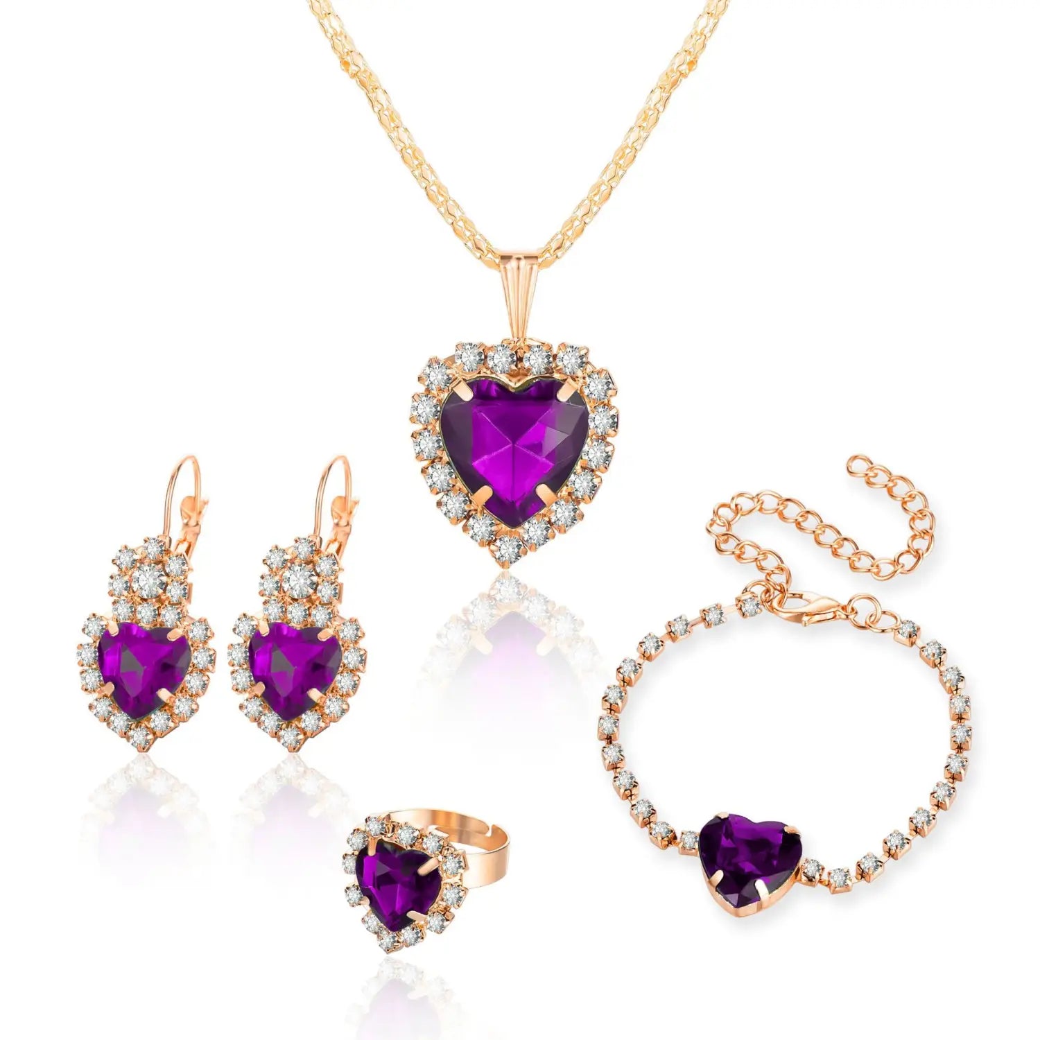 Elegant rose gold 4 piece heart rhinestone jewelry set featuring vibrant purple gemstones and sparkling clear crystals.