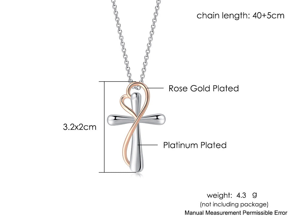 two tone silver and rose gold heart infinity cross necklace featuring a rose gold and platinum plated cross pendant with a heart shaped design on a delicate chain