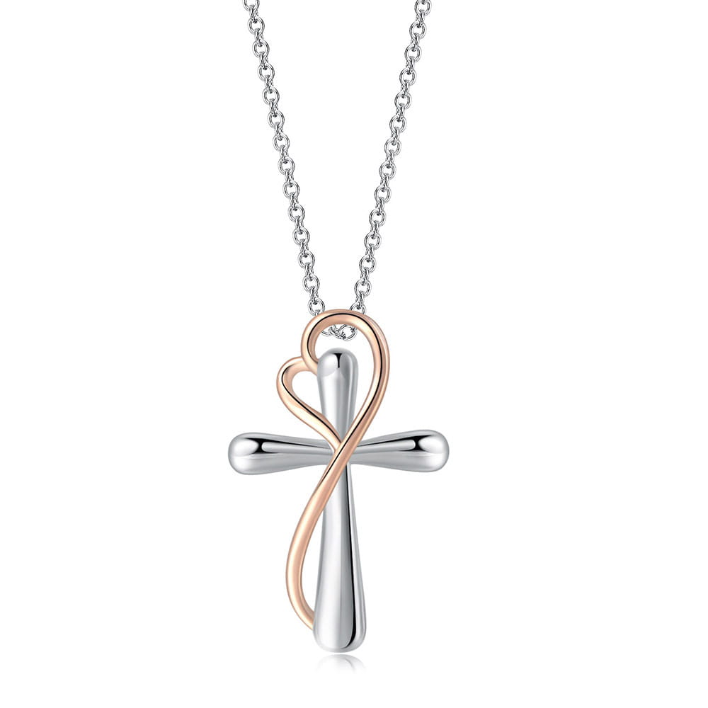 Two tone silver and rose gold heart infinity cross necklace pendant with smooth polished surfaces and a heart-shaped design.