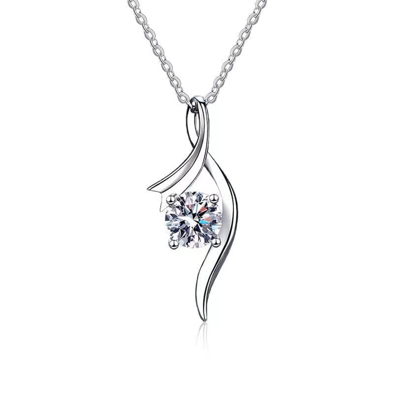 925 sterling silver twisted moissanite solitaire necklace featuring a silver pendant with a central round-cut clear gemstone set in an elegant flowing metal design.