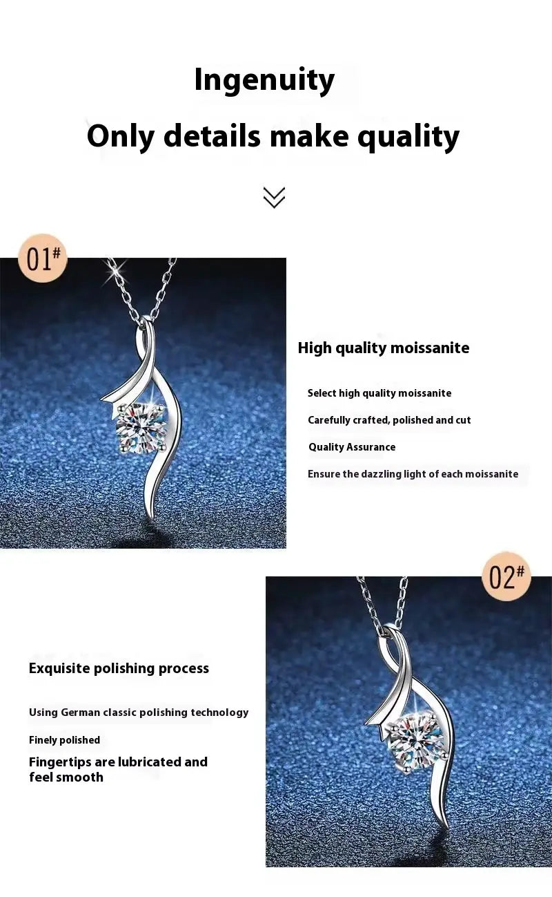 Elegant silver-toned 925 sterling silver twisted moissanite solitaire necklace featuring a flowing design with a central sparkling moissanite stone.