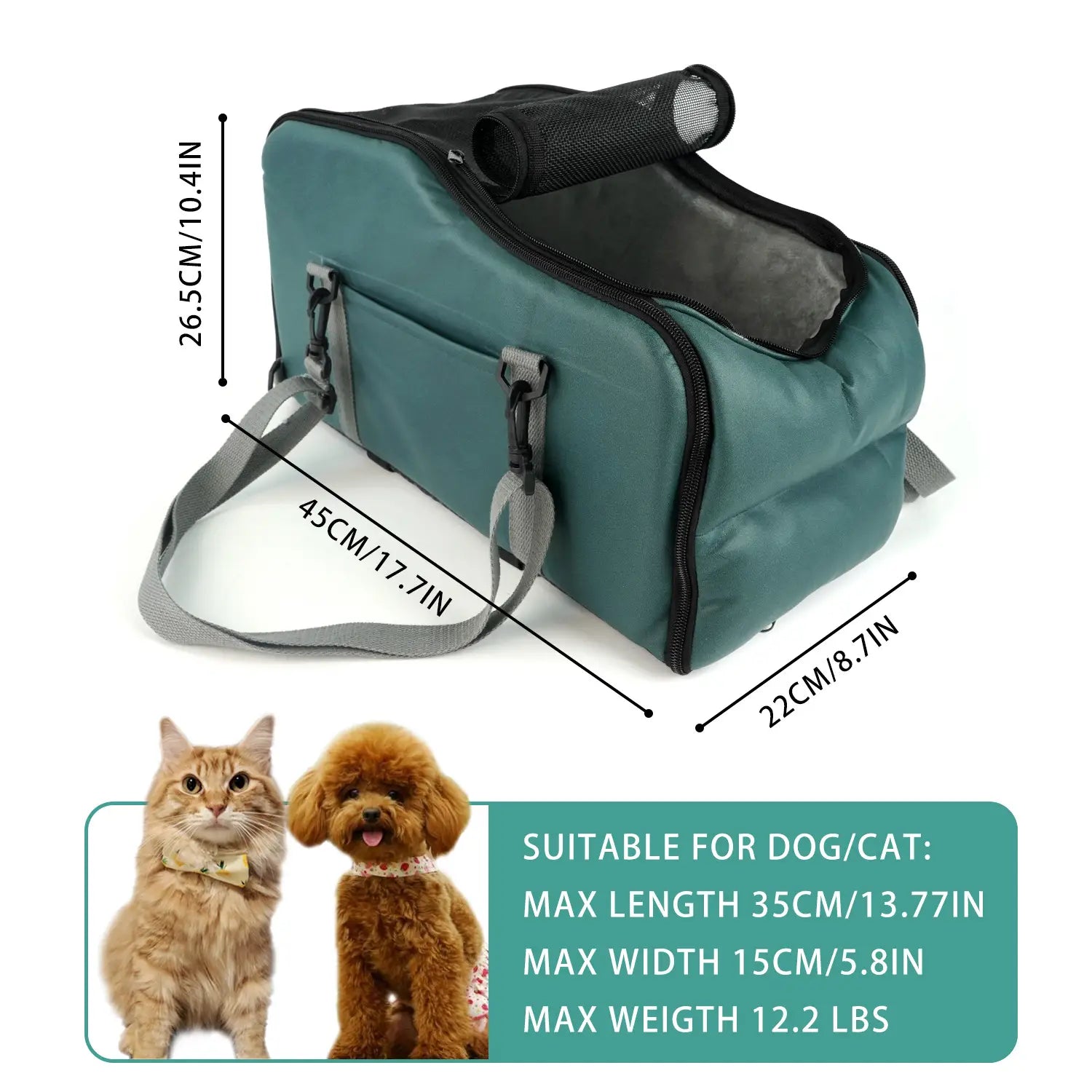 Teal pet carrier with black mesh and gray straps made of washable material designed for dogs or cats as a portable travel mat and car console carrier.