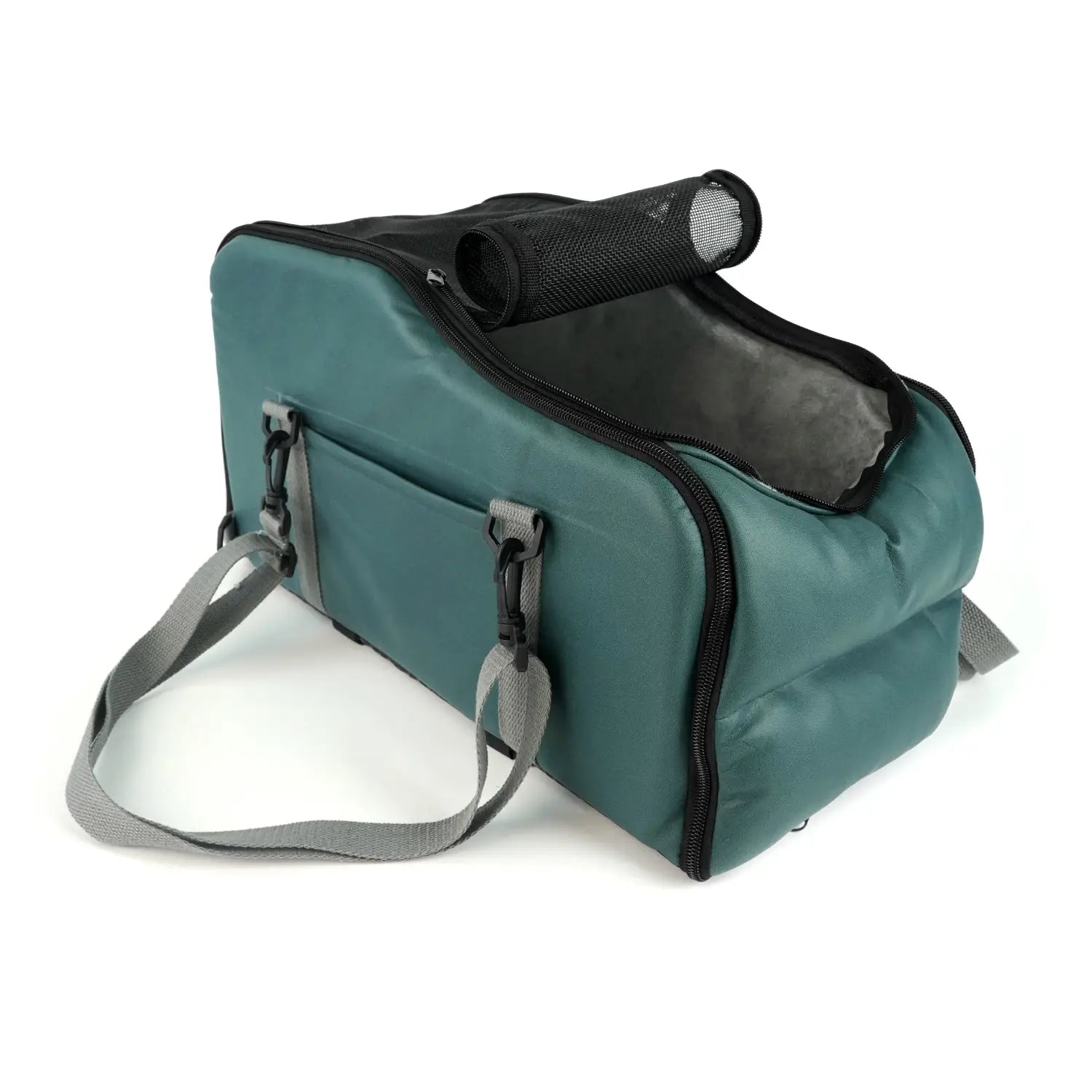 Teal car pet console carrier with black mesh lining and gray adjustable straps designed as a washable portable travel mat.