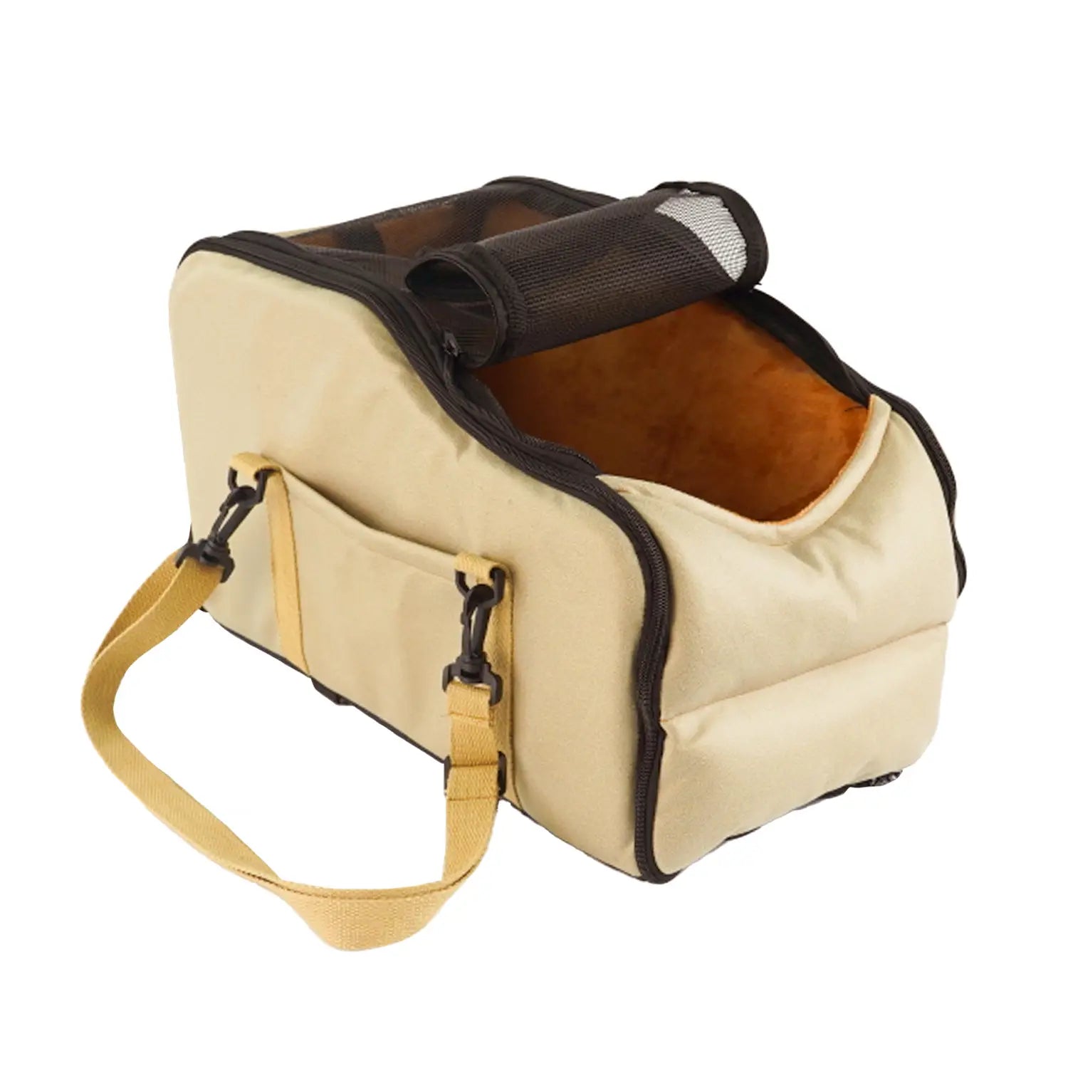 Beige car pet console carrier with black trim mesh side panel and tan interior lining featuring a washable portable travel mat.