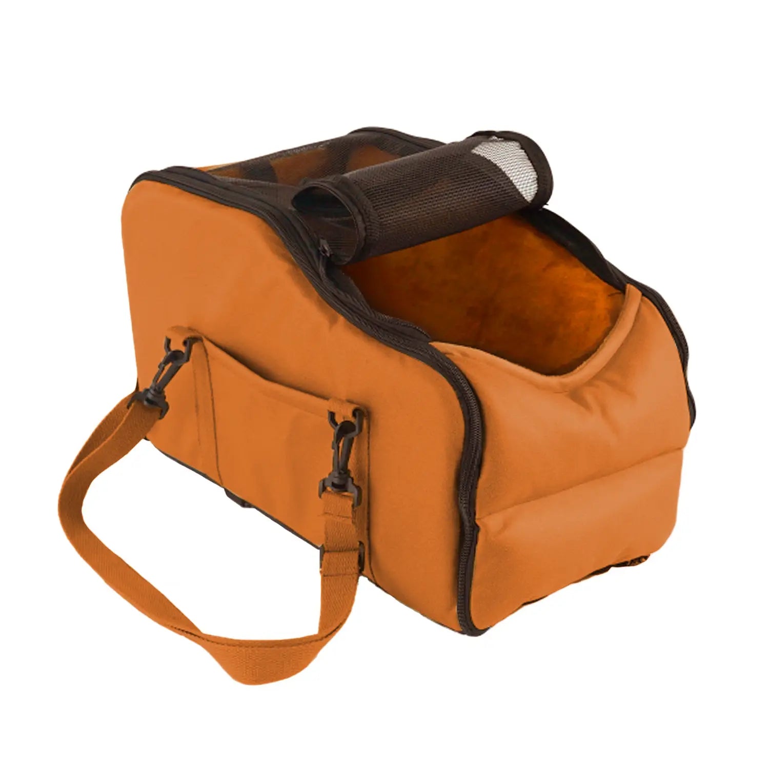 Orange car pet console carrier with black trim and mesh side panel featuring washable portable travel mat for easy pet transport.