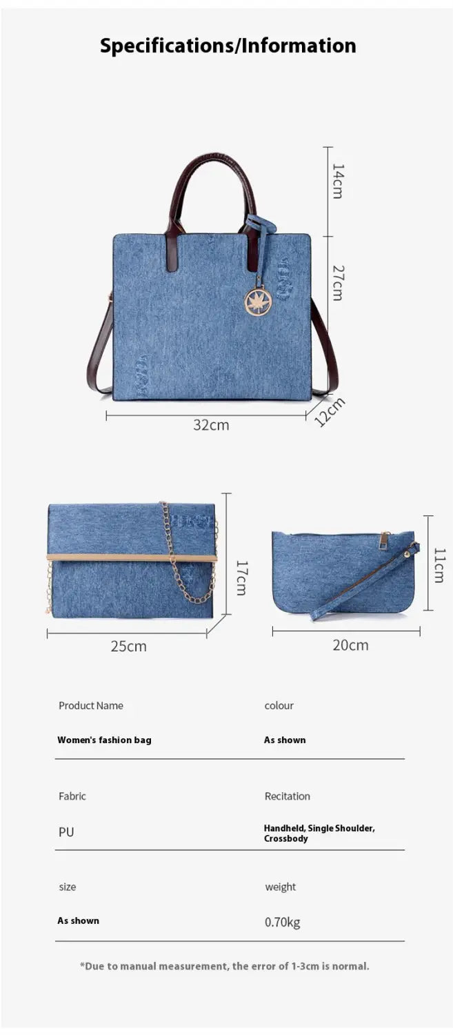 Blue pu women’s fashion bag with textured surface brown leather handles and strap and circular metal clasp from the denim and leather three piece multi compartment handbag set.