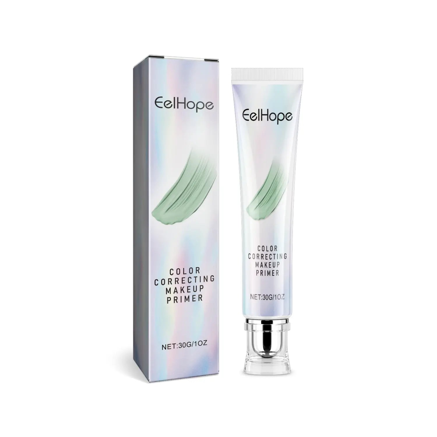 Eelhope-Farbkorrektur-Primer mit Kollagen und Vitamin C in einer eleganten irisierenden Tube mit silbernem Deckel und passender Umverpackung.