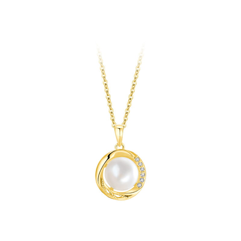 A sterling silver round freshwater pearl pendant necklace featuring a delicate gold setting with a lustrous white pearl encircled by a halo of sparkling diamonds.