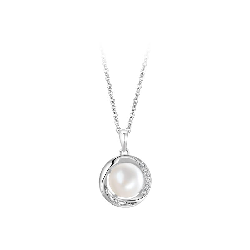 A delicate sterling silver round pendant necklace featuring a lustrous white freshwater pearl encircled by a halo of sparkling diamonds.
