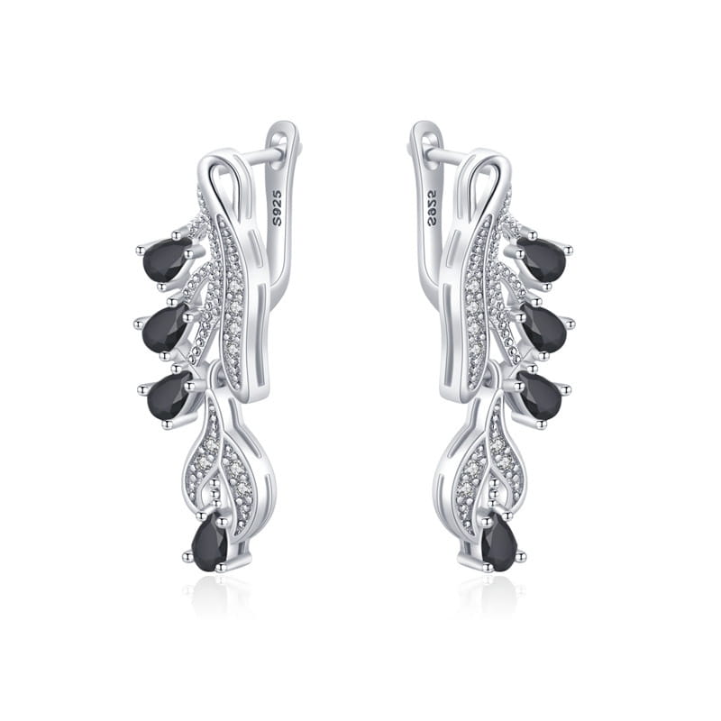 Elegant black teardrop zircon leaf stud earrings featuring silver cascading leaf design with black teardrop stones and clear crystals.