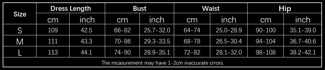 The dress size chart for the satin deep v neck backless midi dress with side slit displays measurements in centimeters and inches for sizes S, M, and L.