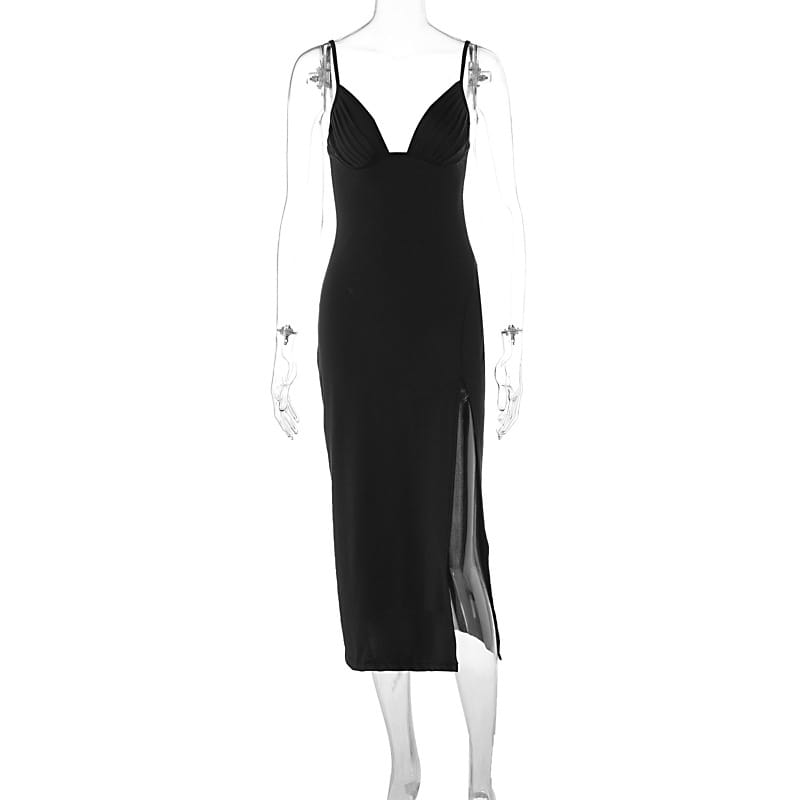 Black satin slip dress featuring a deep v-neckline and a side slit.