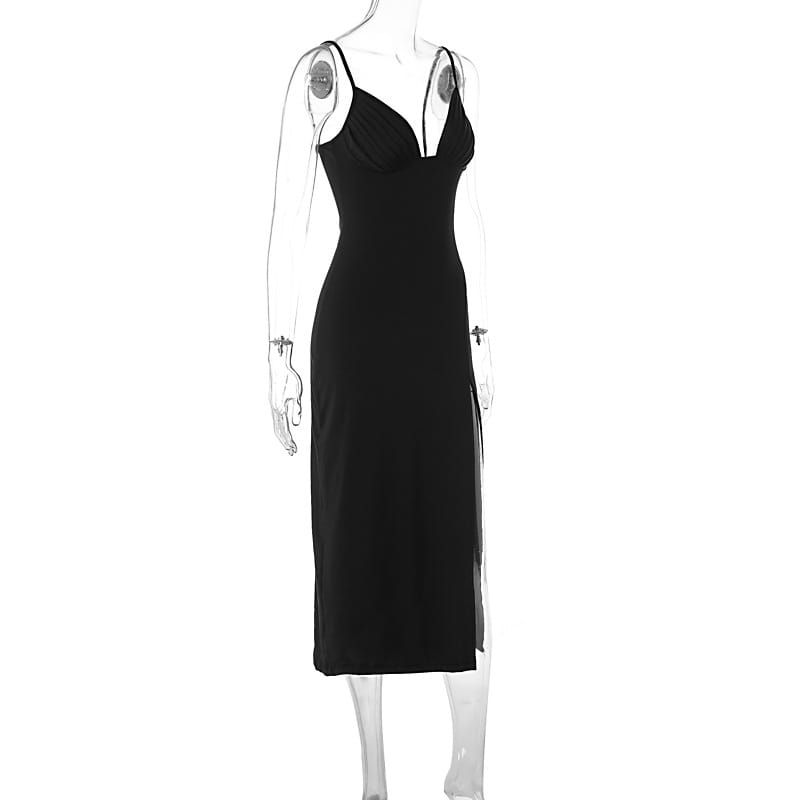 black satin deep v neck backless midi dress with spaghetti straps, fitted silhouette, and side slit shown from the back side