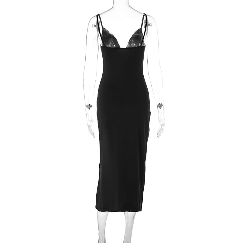 Black satin spaghetti strap midi dress with deep v neck backless design sheer lace detailing at the bust and side slit.
