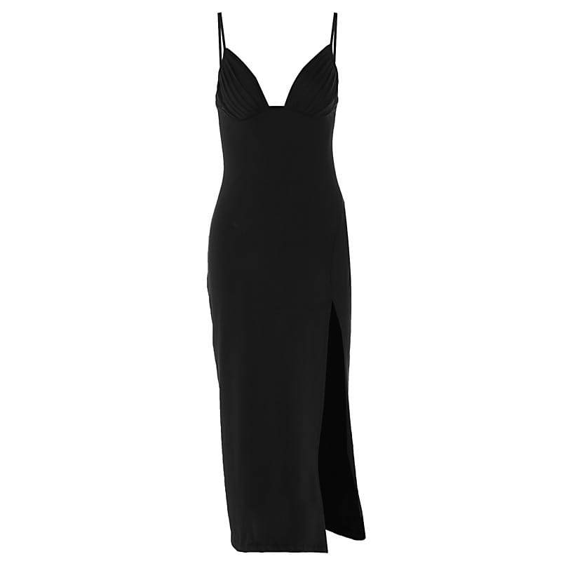Black satin slip dress with thin spaghetti straps, deep v neck, backless design, and high side slit.