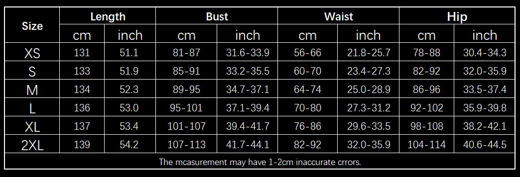 Size chart table displaying measurements in centimeters and inches for sizes xs through 2xl of a ruffle strap backless high split evening dress.