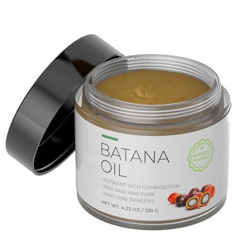 A clear glass jar with a black lid containing golden-brown batana oil for a natural Honduras formula hair mask 120g.