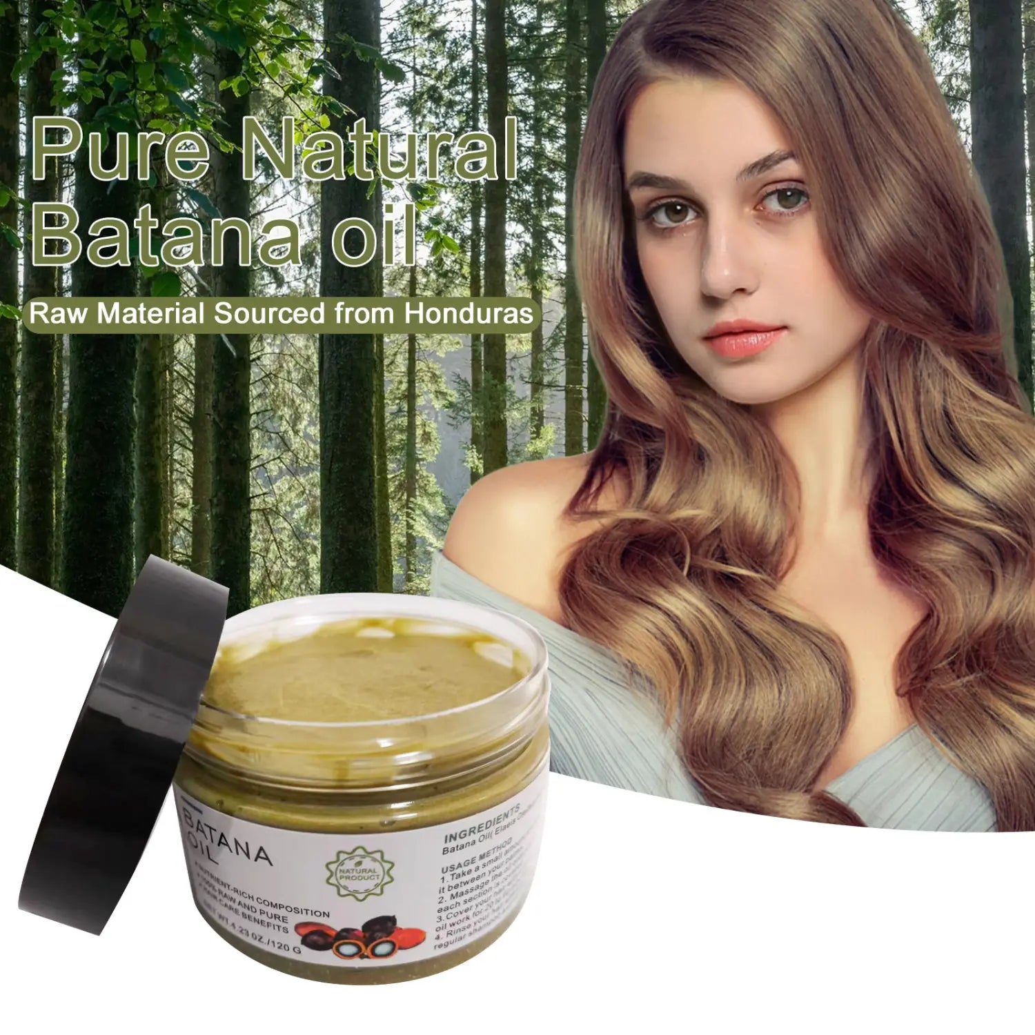 A clear glass jar with a black lid contains 120g of natural batana oil hair mask featuring a light greenish-yellow viscous substance in a traditional Honduras formula.