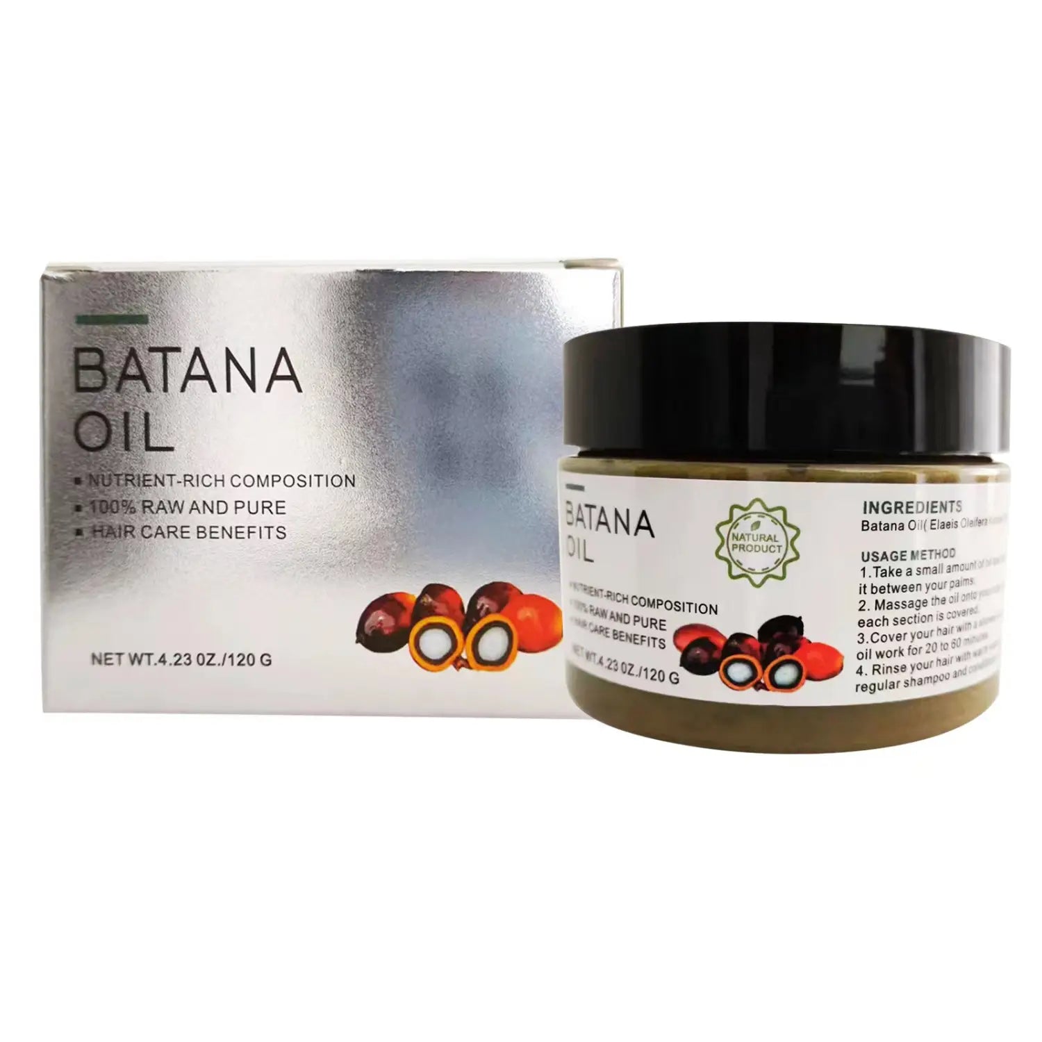 A sleek silver and black batana oil hair mask jar with a glossy lid beside its matching box featuring a natural Honduras formula in 120g size.