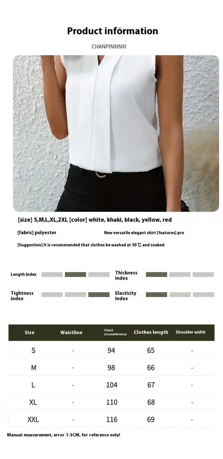 white sleeveless polyester blouse with a v-neck and pleated chiffon detailing, featuring a neat and elegant design for women