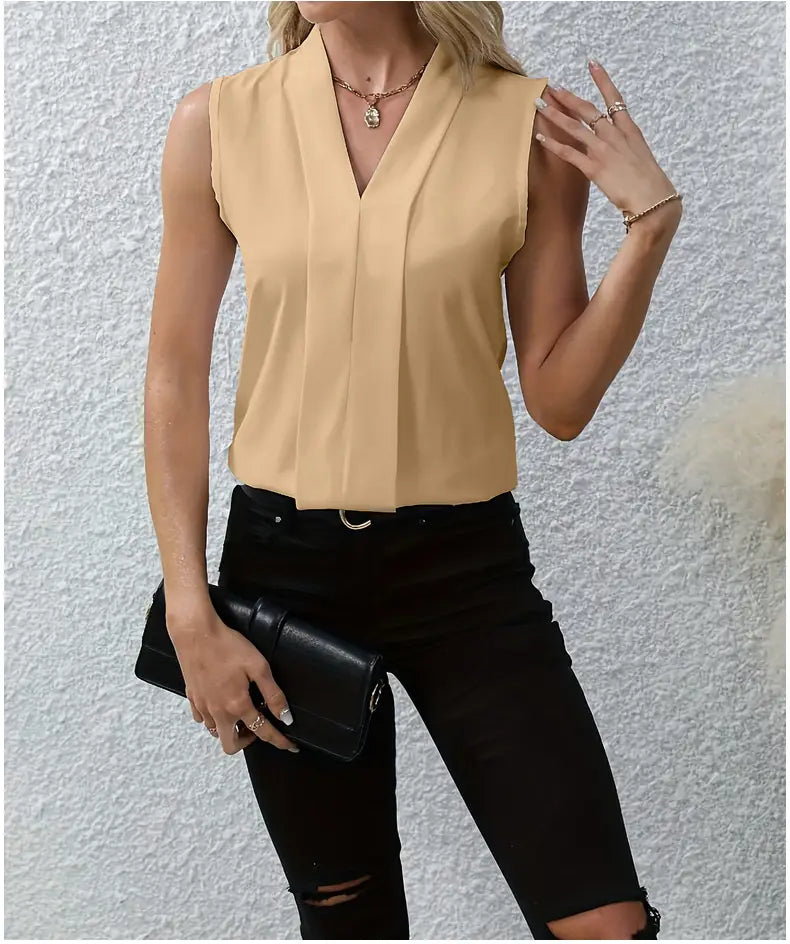 beige chiffon sleeveless blouse for women with a v-neck and pleated front design
