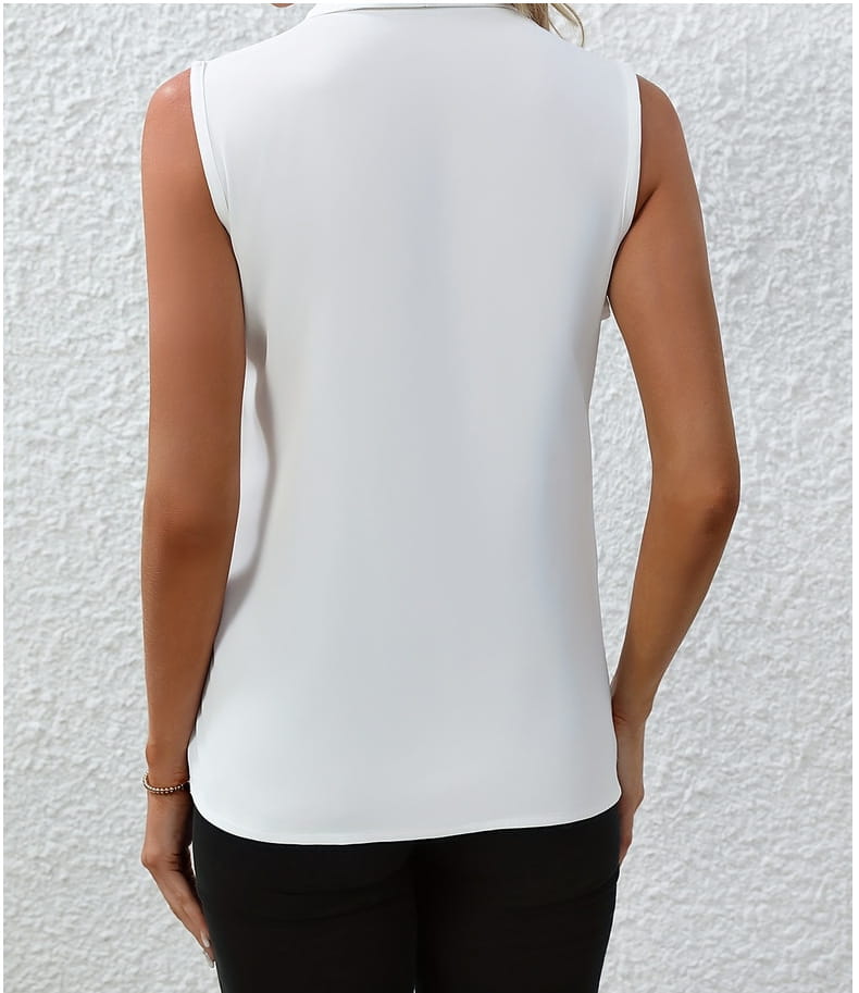 A sleek white sleeveless chiffon blouse with a v-neck, pleated design, smooth flowing fabric, and subtle collar for women.