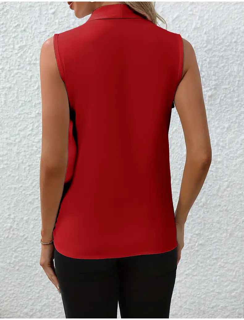 women’s v-neck pleated sleeveless chiffon blouse in red with a collar and black side panel detail