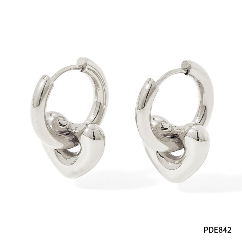 Polished stainless steel geometric charm hoop earrings featuring a silver knot-shaped design with a sleek, polished metallic finish.