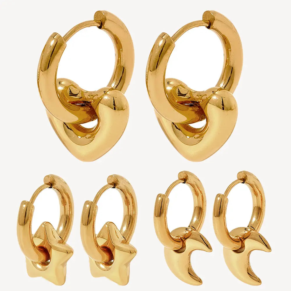 Polished stainless steel gold-colored hoop earrings featuring geometric heart star and crescent moon charms.