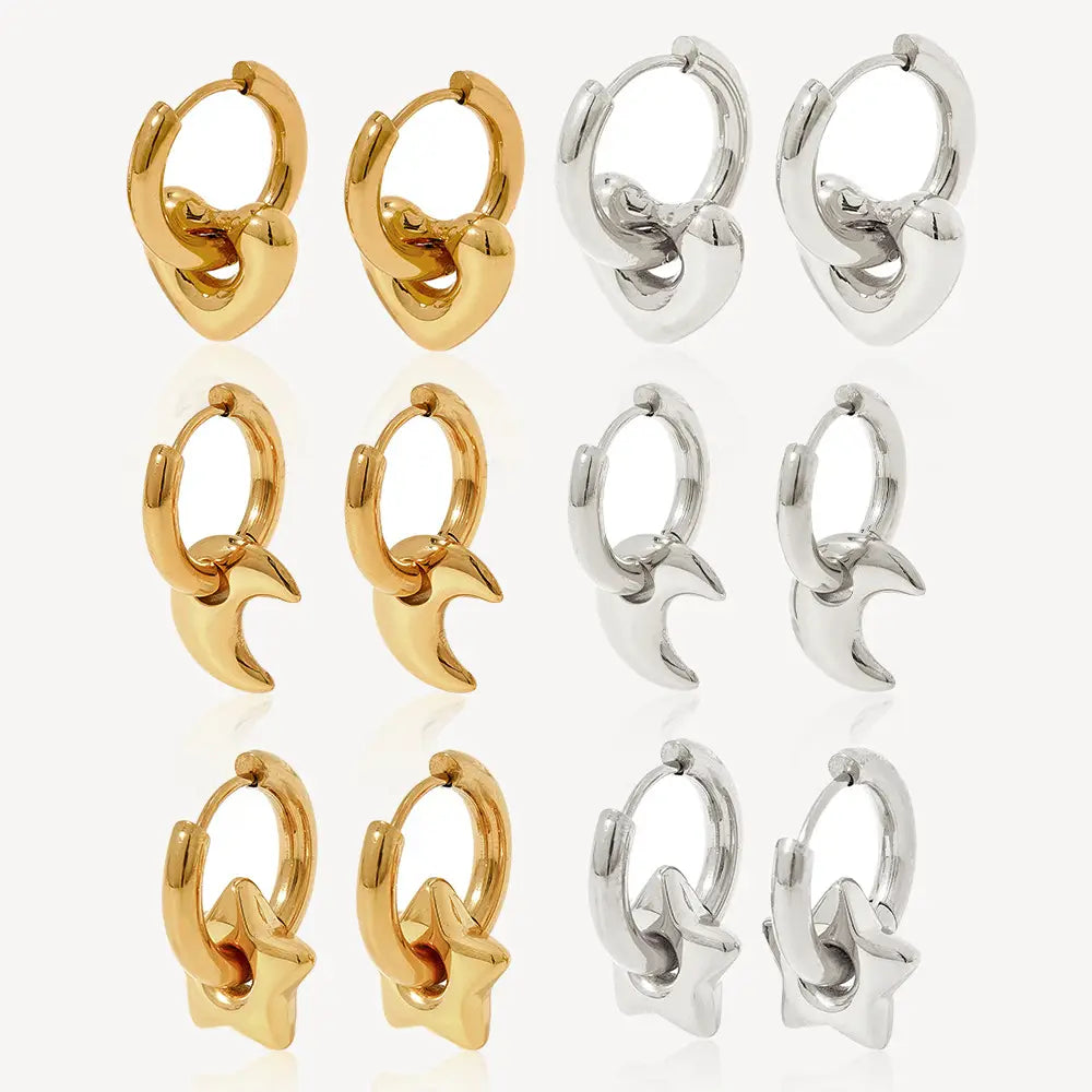 Polished stainless steel geometric charm hoop earrings in gold and silver featuring heart crescent moon and star designs.
