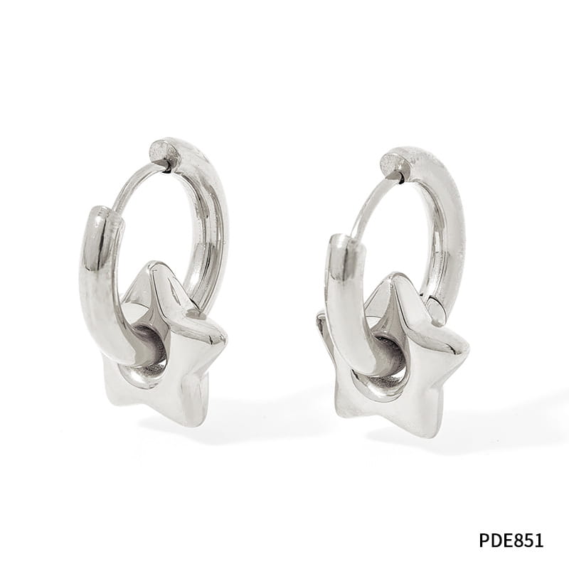 silver star-shaped hoop earrings with a sleek polished finish made of stainless steel featuring a geometric charm design