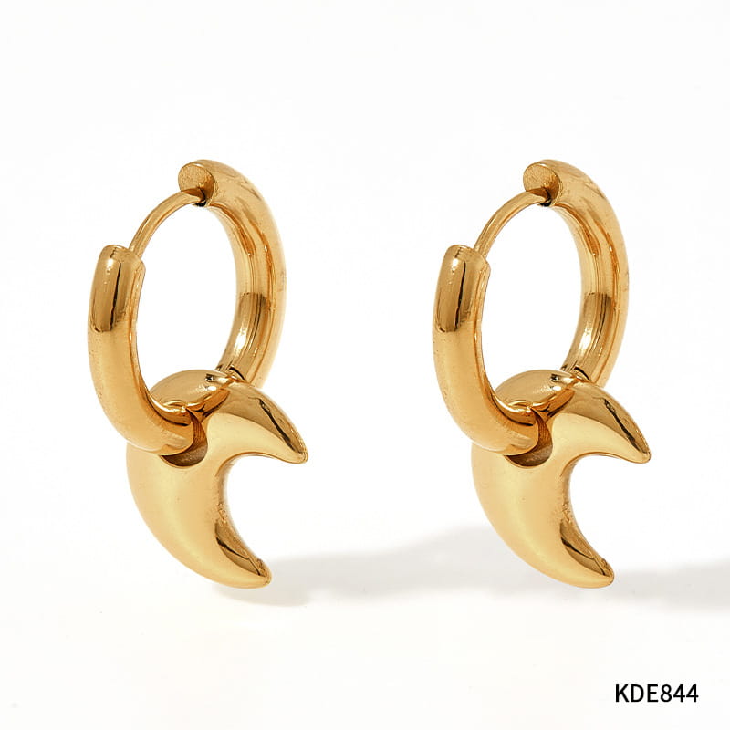 polished stainless steel gold-toned hoop earrings featuring a sleek crescent moon charm dangling from each ring.