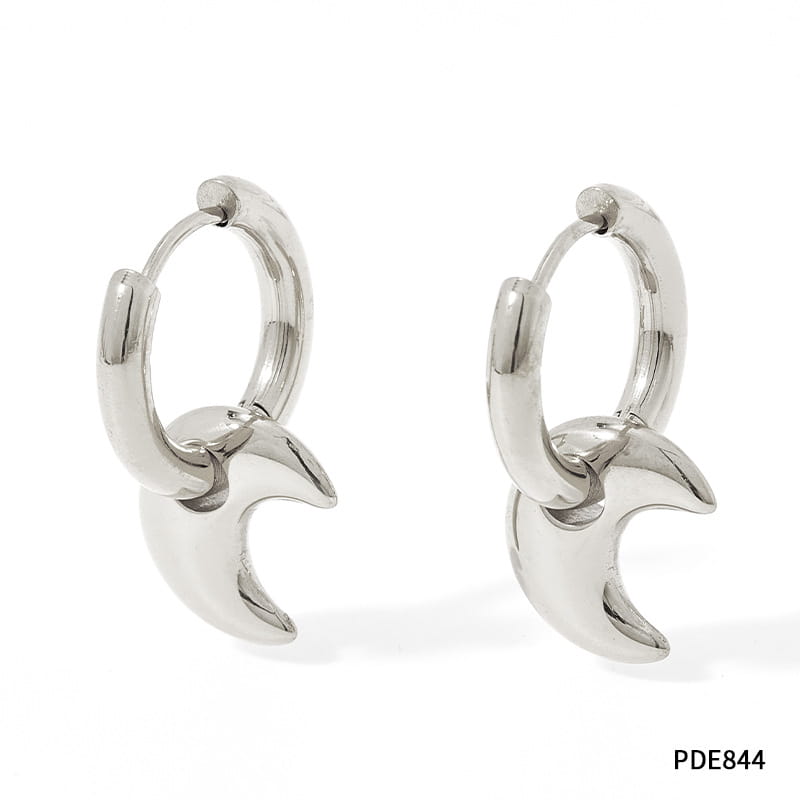 Polished stainless steel geometric charm hoop earrings in silver tone featuring minimalist crescent moon charms dangling from each ring.