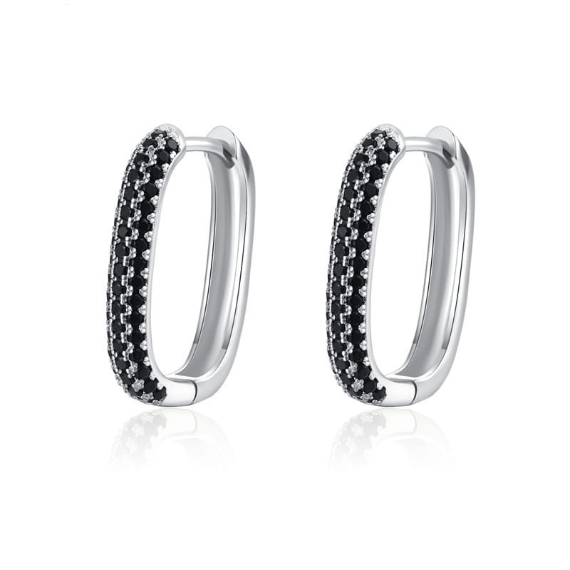 Silberne Creolenohrringe mit zwei Reihen schwarzer und klarer kubischer Zirkonia-Steine in einem Design französischer schwarzer Zirkonia-Silber-Creolen.