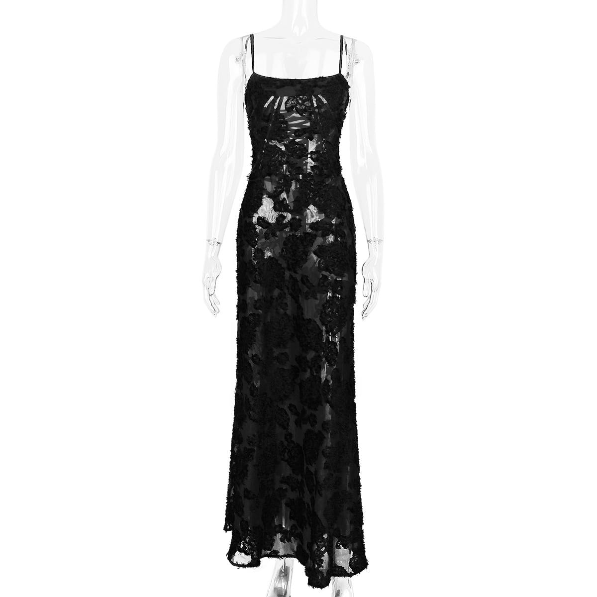 Robe longue maxi noire en dentelle, avec broderie florale et de fines bretelles spaghetti, mettant en valeur une broderie en dentelle élégante et un design délicat.