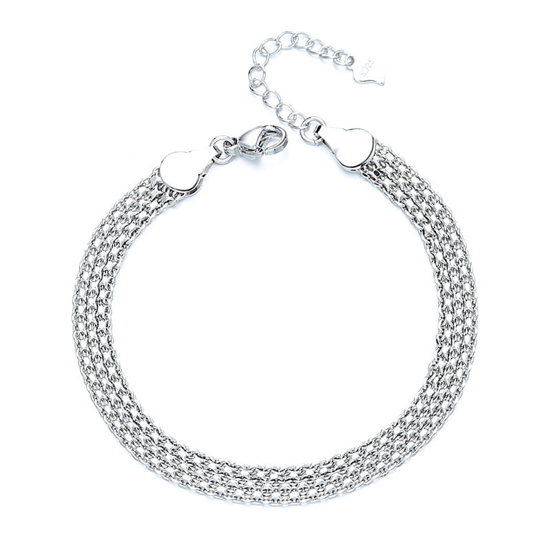 multi-layer silver mesh heart clasp bracelet featuring a silver mesh anklet with a clasp and adjustable chain.