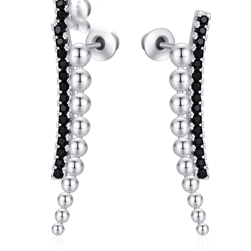 Silver beaded cascading drop earrings featuring polished spherical beads and a vertical line of black zircon pavé stones.