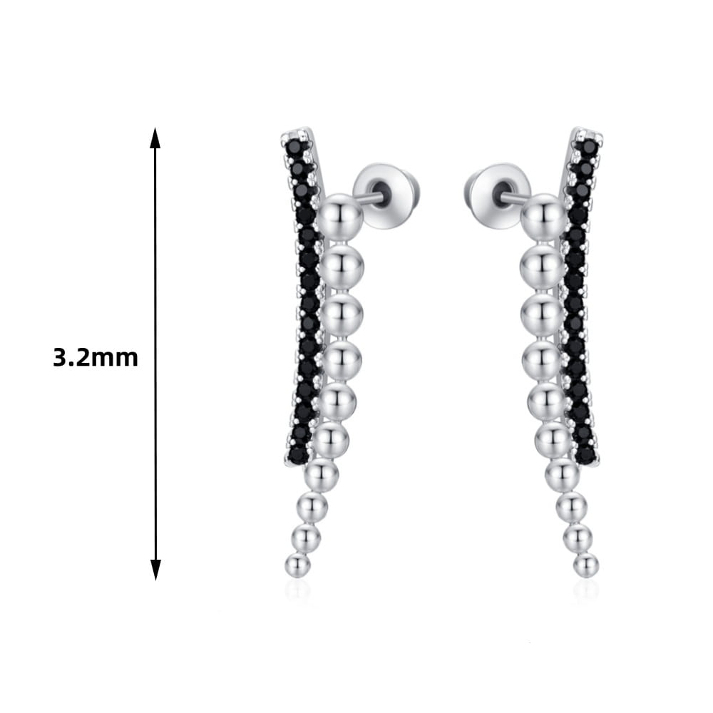silver drop earrings with a sleek curved design featuring alternating black zircon and silver beads in a cascading style